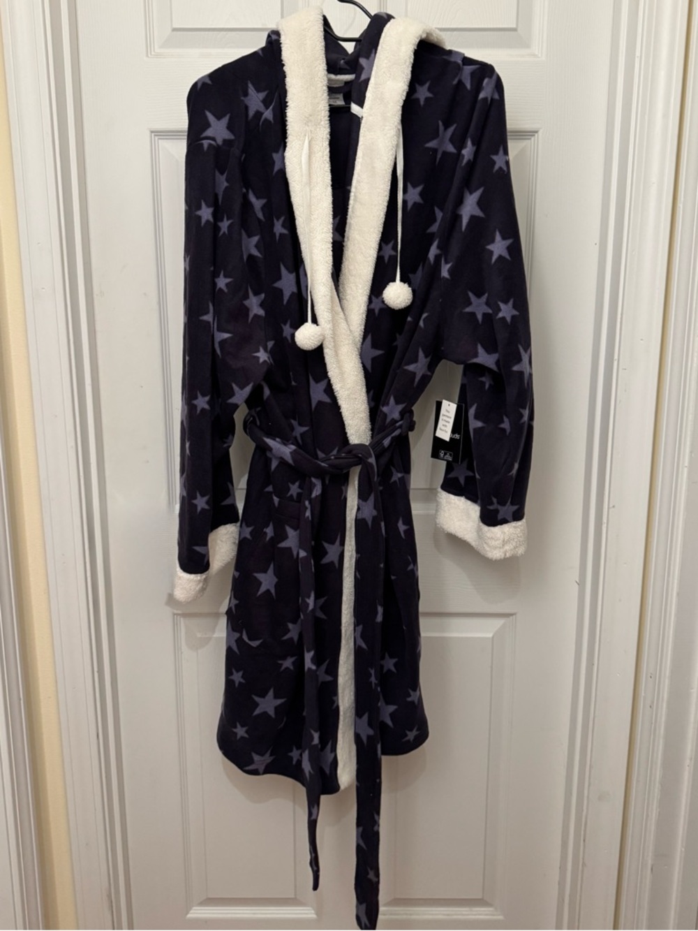Cuddl Duds Navy Hooded Plush Robe with  Sherpa Trim and decor